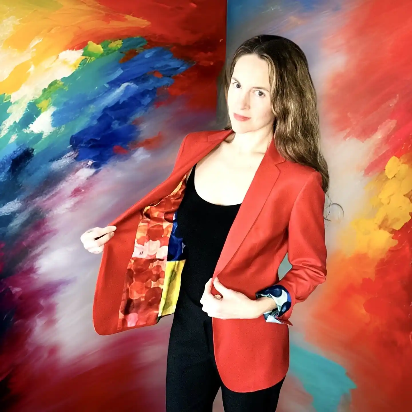 Woman using an opened red suit
