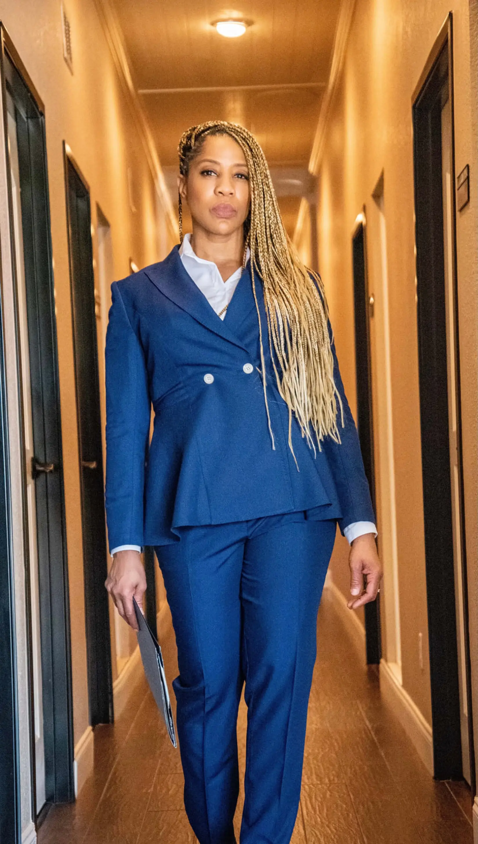 Woman using a blue suit
