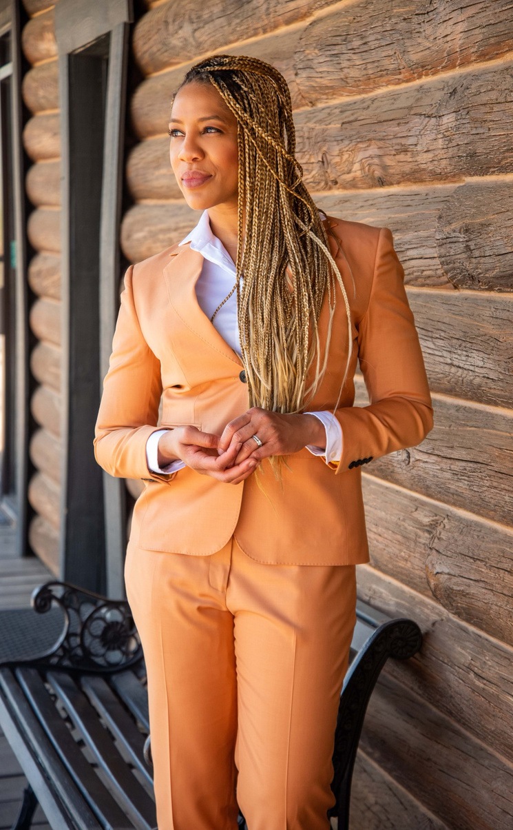 Woman using an orange suit