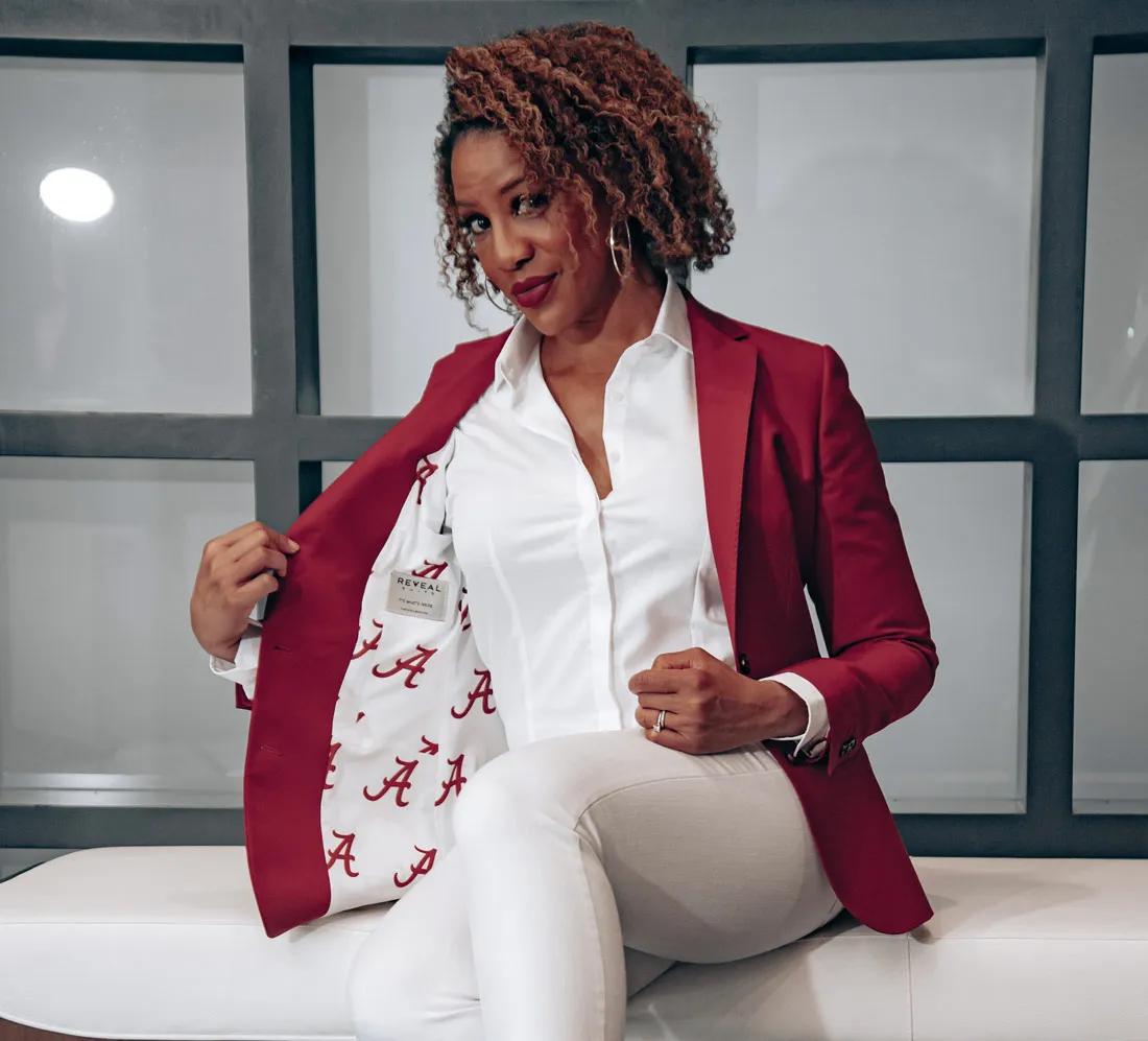 Woman wearing a red blazer